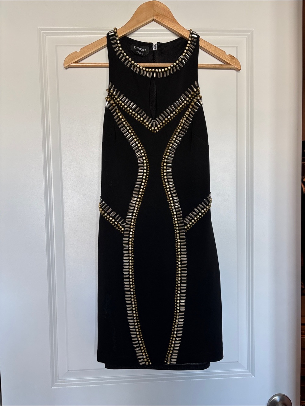 BEBE Black Mini Dress with GOLD and SILVER Stud Detailing